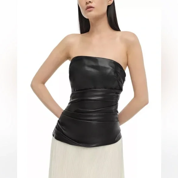 Simkhai Arie Faux Leather Bustier Dress Black White Pleated Strapless Sz 2 NWT - Picture 13 of 16